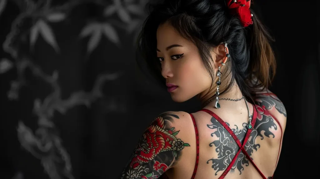 Yuki e i suoi bellissimi tatuaggi, nel suo body rosso