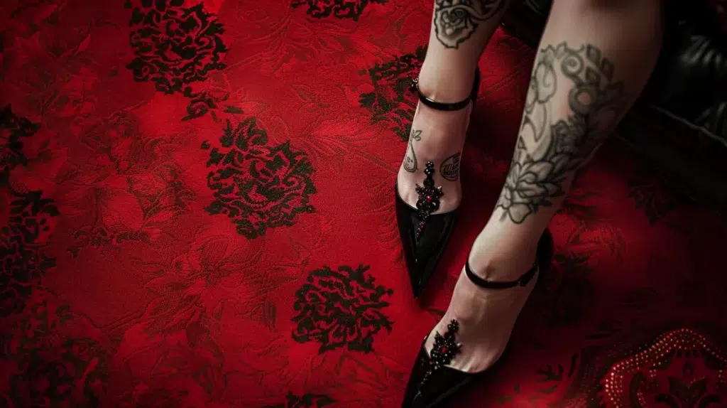 L'immagine ritrae i piedi e parte delle gambe di una persona, probabilmente una donna, su una sontuosa moquette rossa con decorazioni floreali nere in stile damascato. La luce è soffusa, creando un'atmosfera opulenta e misteriosa.