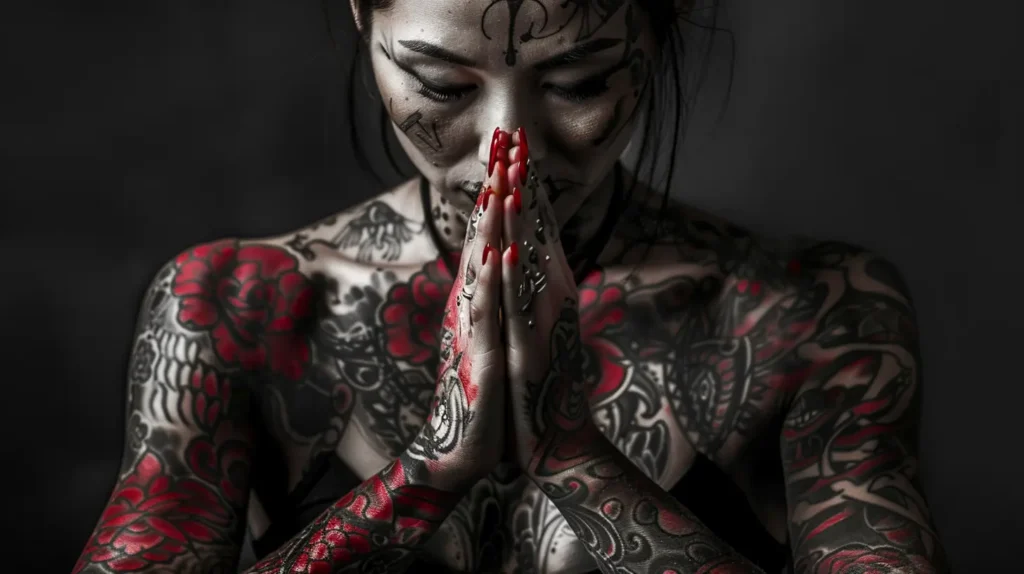 L'immagine ritrae una donna giovane giapponese, presumibilmente tra i 30 e i 40 anni, con espressione raccolta e quasi meditativa, gli occhi chiusi e le mani giunte in una posa che ricorda una preghiera o un gesto di devozione. L'ambientazione è minimale, con uno sfondo scuro e uniforme che ne esalta la figura. La pelle della donna è un vero e proprio "canva" su cui spiccano intricati tatuaggi, che coprono il busto, le braccia e il viso.