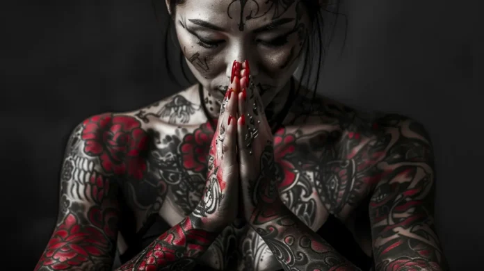 L'immagine ritrae una donna giovane giapponese, presumibilmente tra i 30 e i 40 anni, con espressione raccolta e quasi meditativa, gli occhi chiusi e le mani giunte in una posa che ricorda una preghiera o un gesto di devozione. L'ambientazione è minimale, con uno sfondo scuro e uniforme che ne esalta la figura. La pelle della donna è un vero e proprio "canva" su cui spiccano intricati tatuaggi, che coprono il busto, le braccia e il viso.