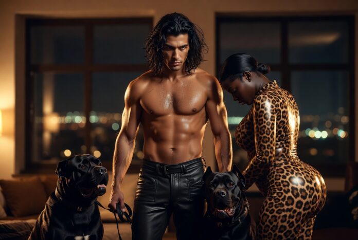 Un uomo a petto nudo e una donna con tuta leopardata posano in interni con due cani neri, illuminati da luci soffuse.