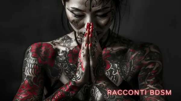 Primo piano di una donna con tatuaggi sul corpo e sul viso che tiene le mani giunte in preghiera sotto una luce diffusa.