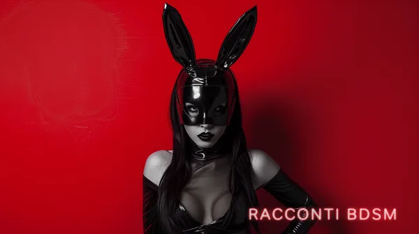 Primo piano di una donna con maschera nera lucida con orecchie da coniglio su sfondo rosso acceso.