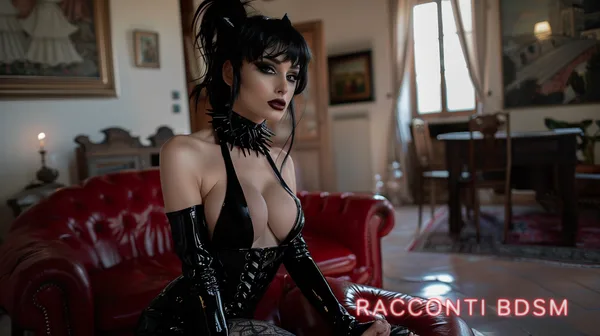 Una donna con abito in vinile nero e capelli scuri siede in un salotto illuminato da luce naturale.