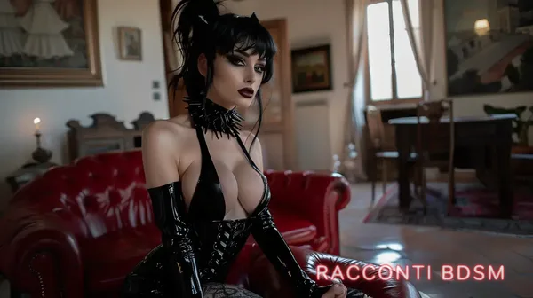 Una donna con capelli neri e abito in lattice siede su un divano rosso in una stanza illuminata dalla luce della finestra.