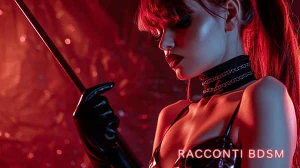 Primo piano di una donna con guanto in pelle e asta illuminata da luci rosse e blu.