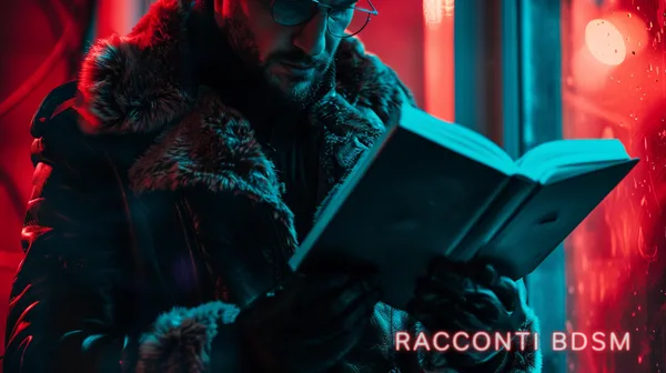 Un uomo con occhiali e giacca di pelliccia legge un libro aperto illuminato da luci al neon rosse e blu.