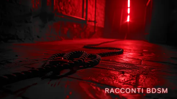 Una corda nera arrotolata giace su un pavimento di pietra illuminato da una forte luce rossa sullo sfondo.