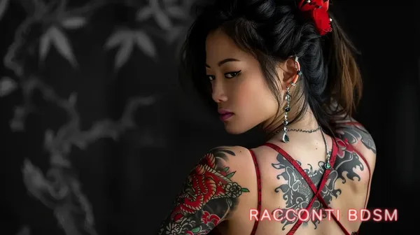Primo piano di donna con tatuaggi su braccia e schiena, in uno studio buio con luce laterale.