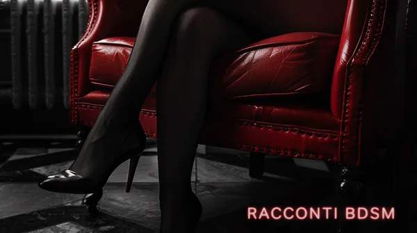 Primo piano di gambe con calze e scarpe con tacco su poltrona rossa.