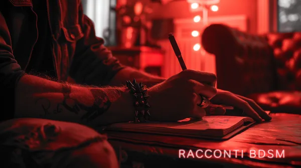 Una persona con bracciale borchiato scrive su un quaderno in un ambiente illuminato da luce rossa.