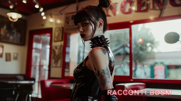 Una donna con abito in vinile nero e collare borchiato posa all'interno di un ristorante in stile vintage con luci calde.