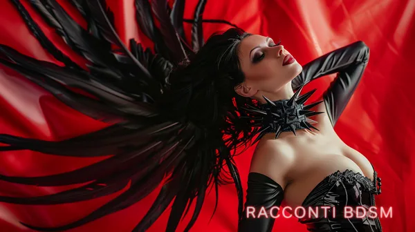 Primo piano di una donna con capelli neri e piume su sfondo rosso vivo illuminato da luce frontale.