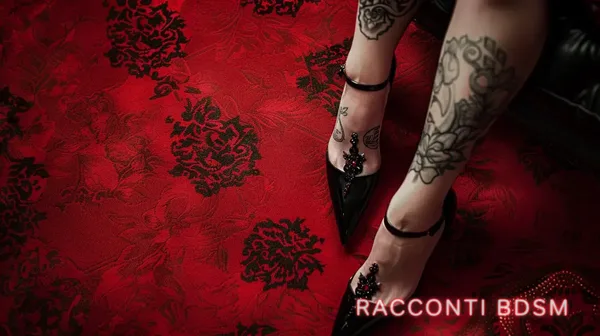 Primo piano di gambe tatuate con scarpe nere su un tappeto rosso decorato con motivi floreali neri.