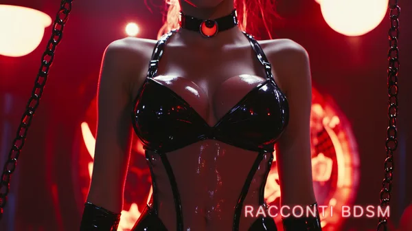 Primo piano di una donna in abito di vinile nero con catene, illuminata da luci rosse in ambiente scuro