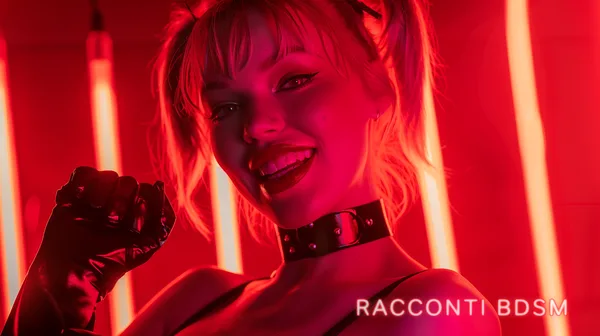 Una donna bionda sorride in un ambiente interno illuminato da vivaci luci al neon di colore rosso
