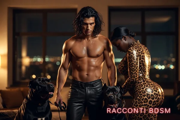 Un uomo a petto nudo e una donna con tuta leopardata posano in interni con due cani neri, illuminati da luci soffuse.