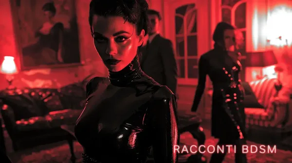 Primo piano di una donna in abito di lattice nero in una stanza illuminata da luce rossa con altre persone sullo sfondo.