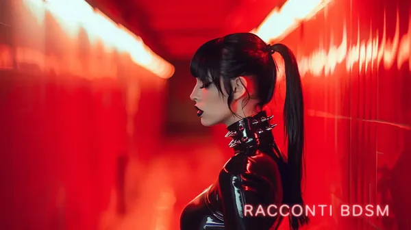 Una donna con capelli neri legati e collare borchiato si trova in un corridoio illuminato di luce rossa.
