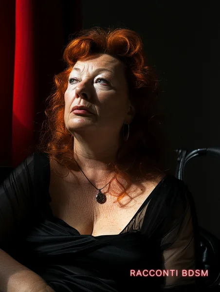 Primo piano di donna con capelli rossi in ambiente scuro con tenda rossa illuminata lateralmente