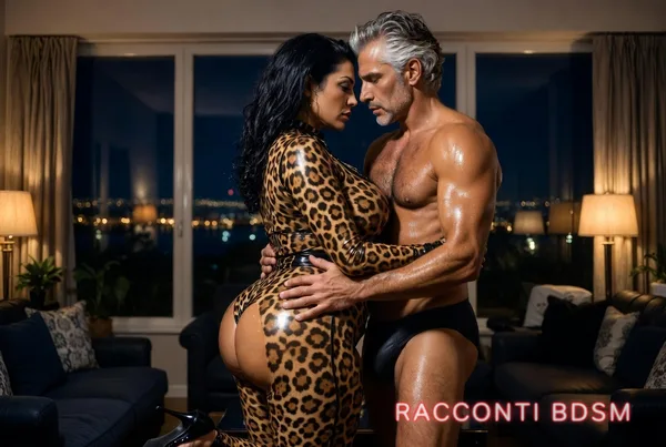 Una donna in tuta leopardata e un uomo a torso nudo vicini in una stanza con grandi finestre illuminate.