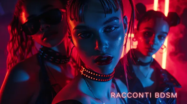 Primo piano di tre giovani donne in un ambiente buio illuminato da luci al neon rosse e blu.