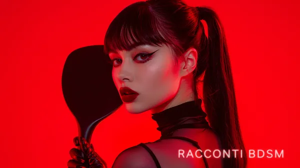 Primo piano di una donna con capelli raccolti e specchio nero in mano, illuminata da luce rossa intensa.