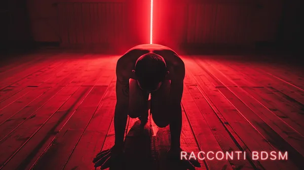 Un uomo a torso nudo in ginocchio su pavimento di legno illuminato da luce rossa verticale.