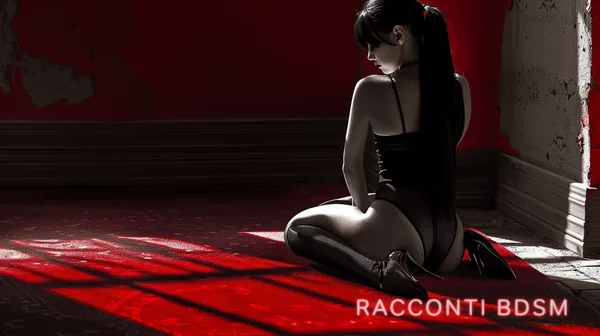 Una donna dai capelli lunghi neri è inginocchiata su un pavimento rosso in una stanza buia illuminata da luce radente.