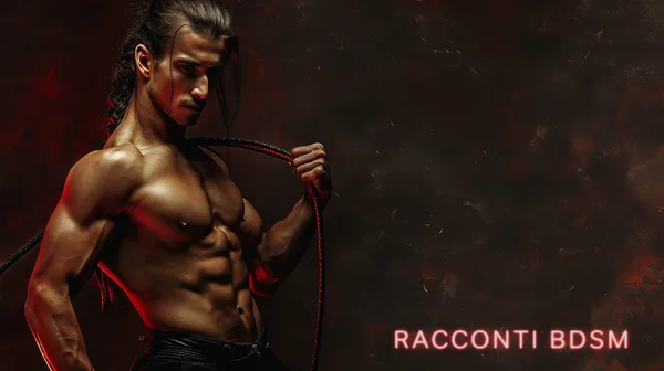 Un uomo a torso nudo tiene una frusta con sfondo scuro e luci rosse.