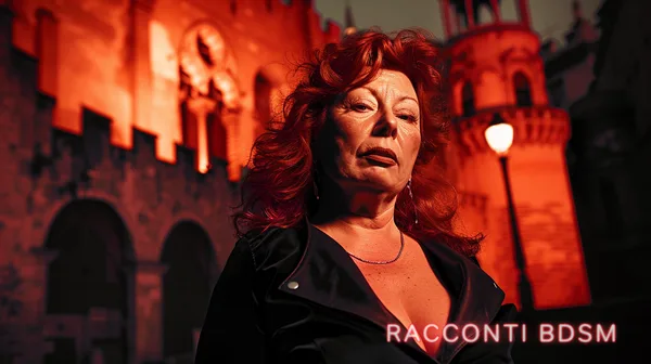 Una donna con capelli rossi posa all'aperto di notte con sfondo illuminato di luce rossa.