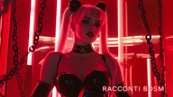 Primo piano di una donna bionda con abito nero, catene ai lati e sfondo illuminato da luci rosse verticali.