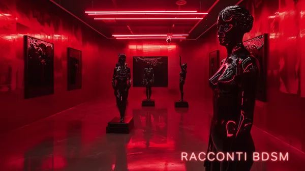 Una galleria d'arte con pareti rosse e sculture nere illuminate da luci al neon rossi a soffitto.